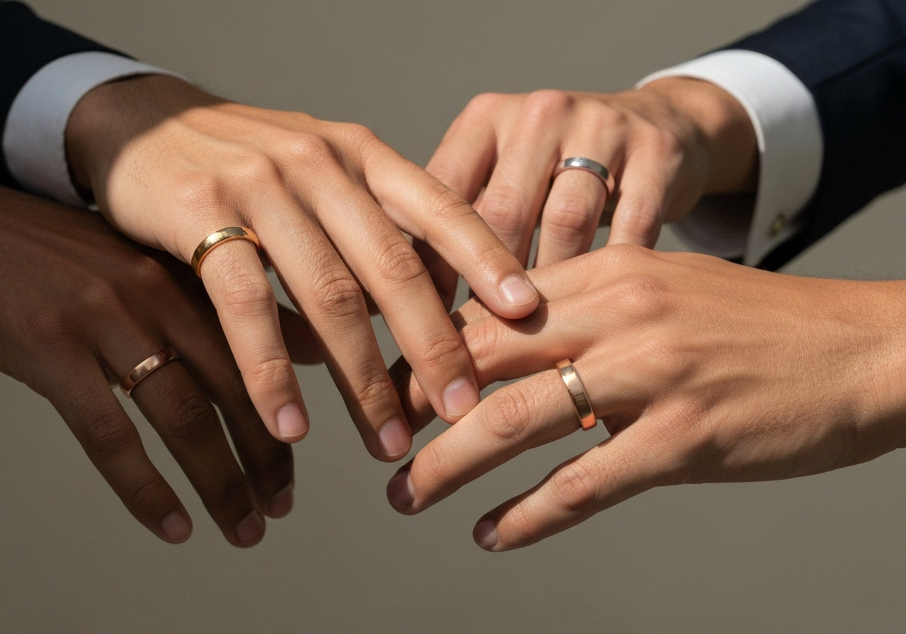 Men's hands with different skin tones wearing various wedding rings made from gold, platinum, and rose gold.