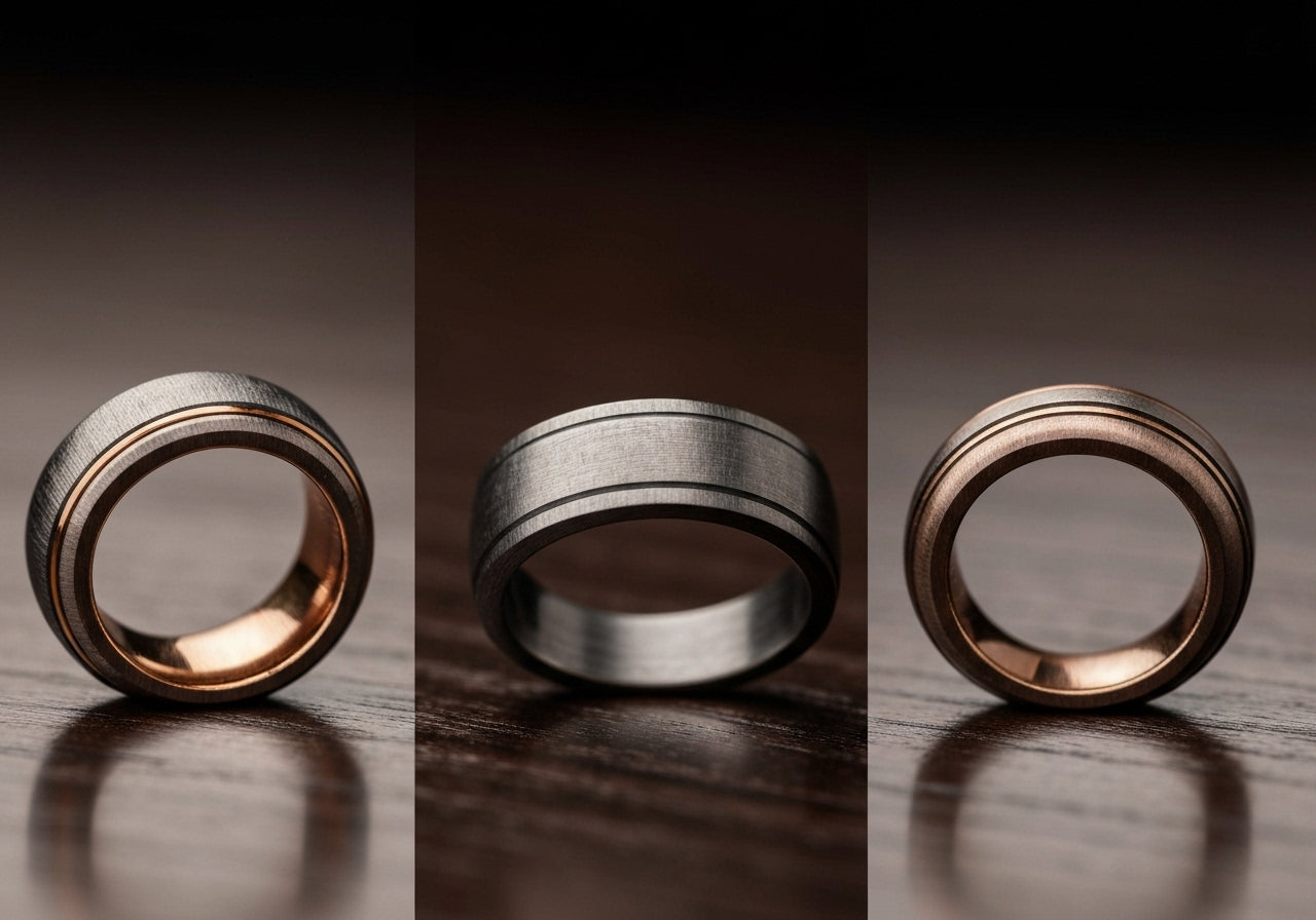 A selection of men's wedding rings in different precious metals displayed on a velvet background, showcasing their durability and unique styles.