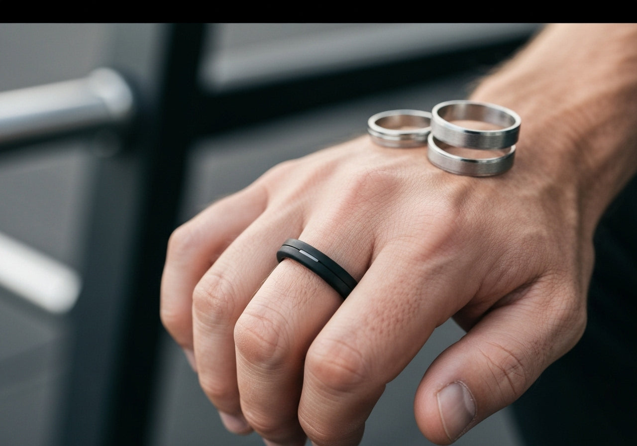 A man's hand wearing a stylish silicone wedding ring, with an active lifestyle background and traditional metal rings shown for comparison.
