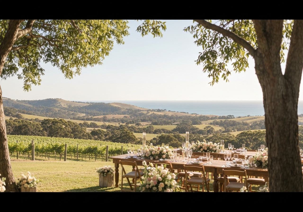 A beautiful Mornington Peninsula wedding venue with rustic tables, vineyards, floral decorations, and ocean views under soft sunlight.
