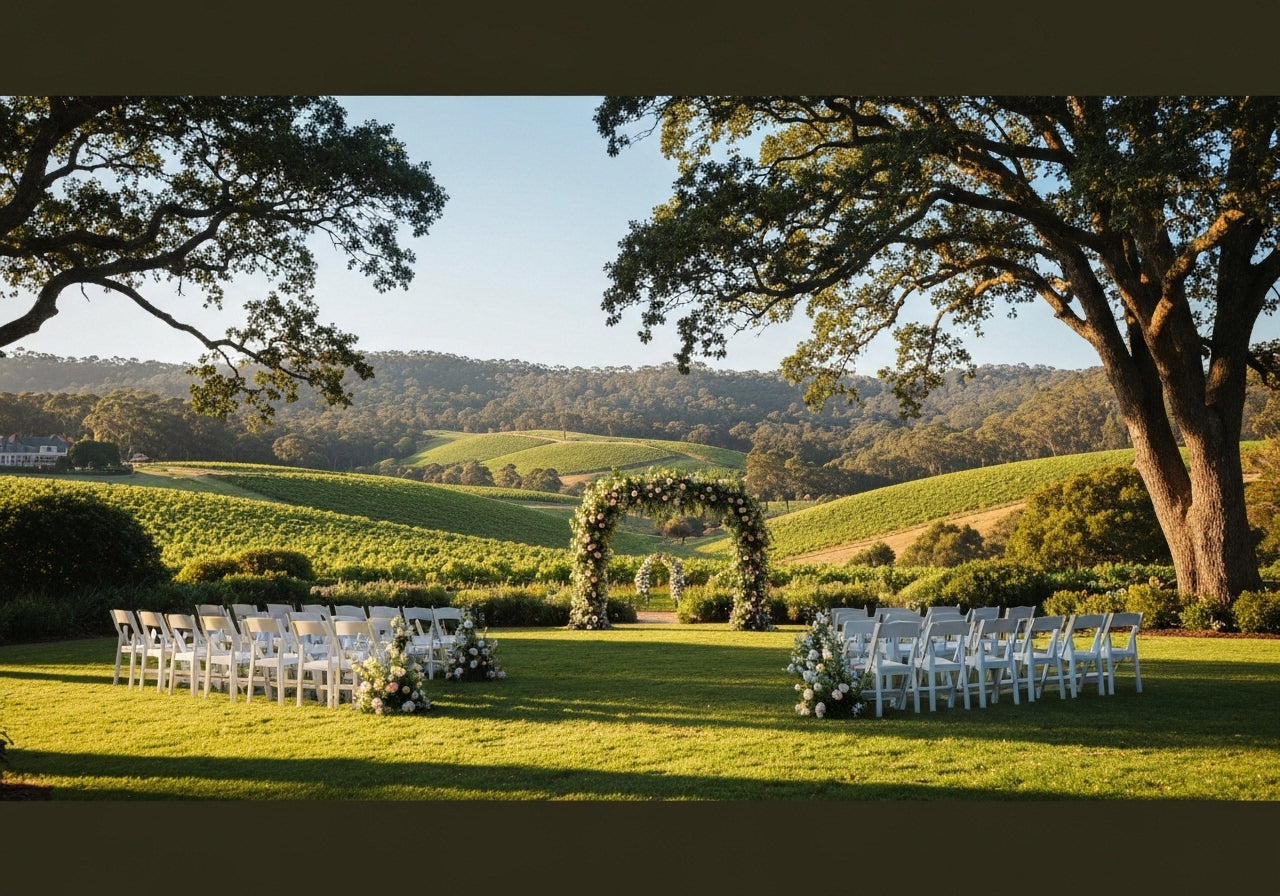 A beautiful outdoor wedding ceremony in the Adelaide Hills, featuring vineyards, heritage estates, and lush gardens under a sunny sky.