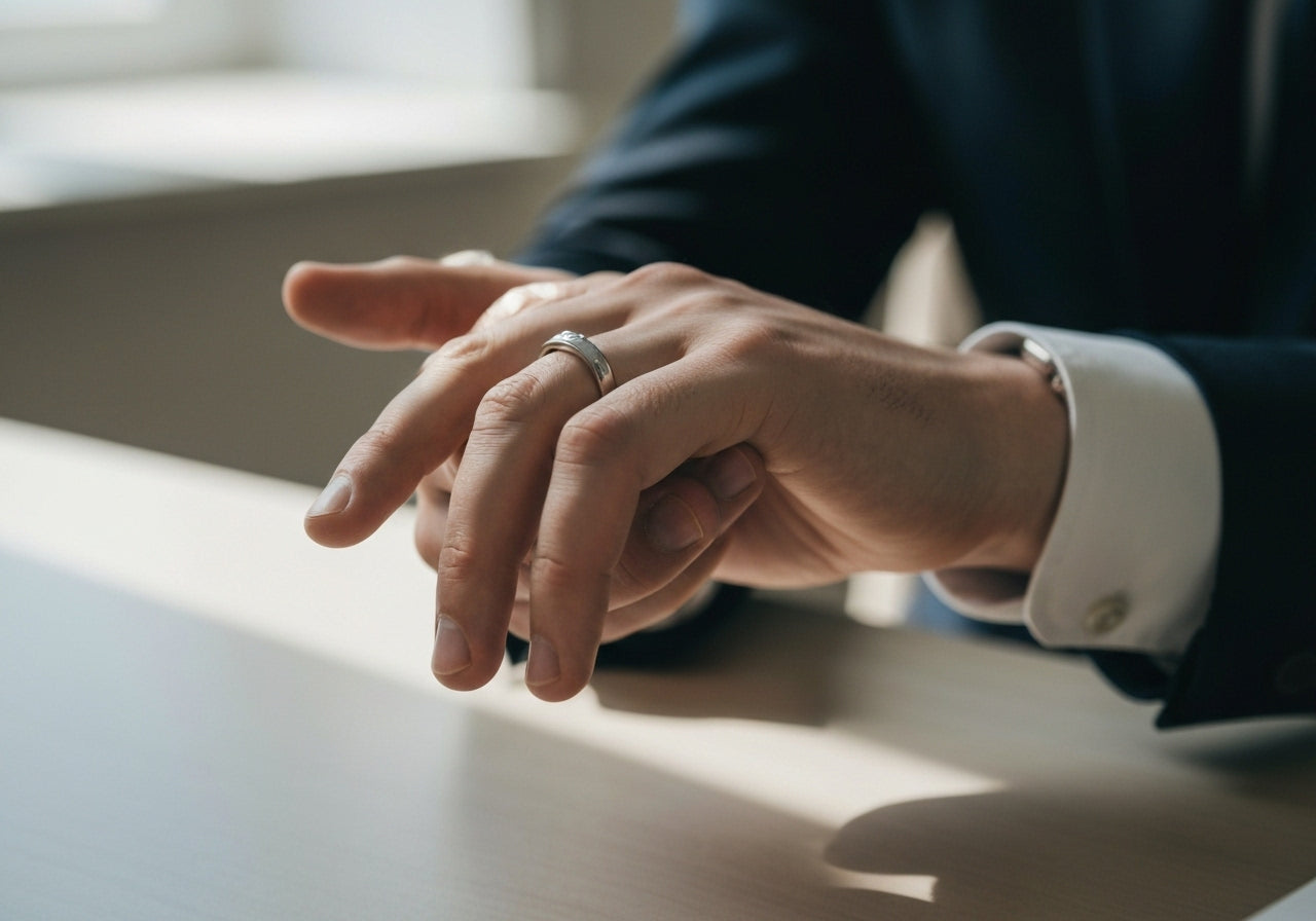 Man's hand wearing a wedding ring, highlighting tradition and commitment in a tasteful, elegant setting.