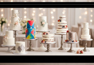 A stylish assortment of trendy wedding cakes featuring different modern designs, colors, and decorative elements, arranged on elegant cake stands at a wedding reception.