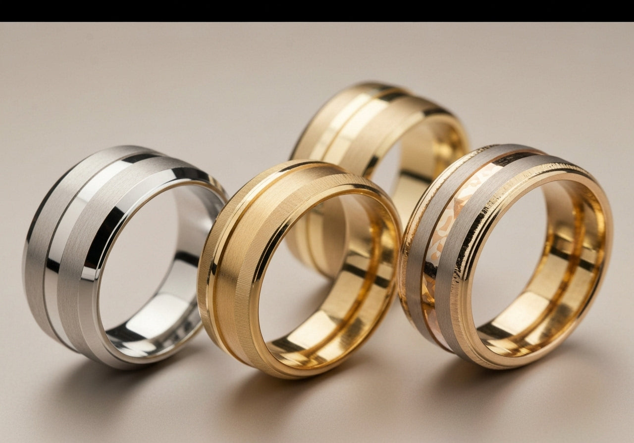 A selection of men's wedding rings in different metals and styles, displayed closely together to show distinct design features and materials.