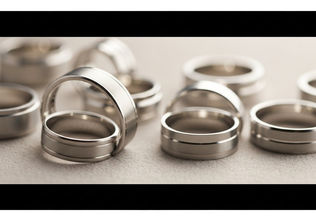 A close-up of different hypoallergenic men's wedding rings displayed on a soft surface, showcasing various modern designs and metals suitable for sensitive skin.