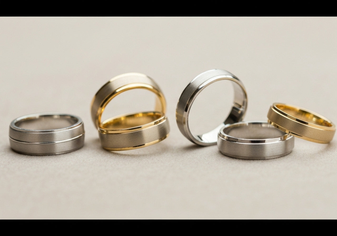 A selection of classic men's wedding rings in different timeless designs and metal types, tastefully arranged on a neutral background.