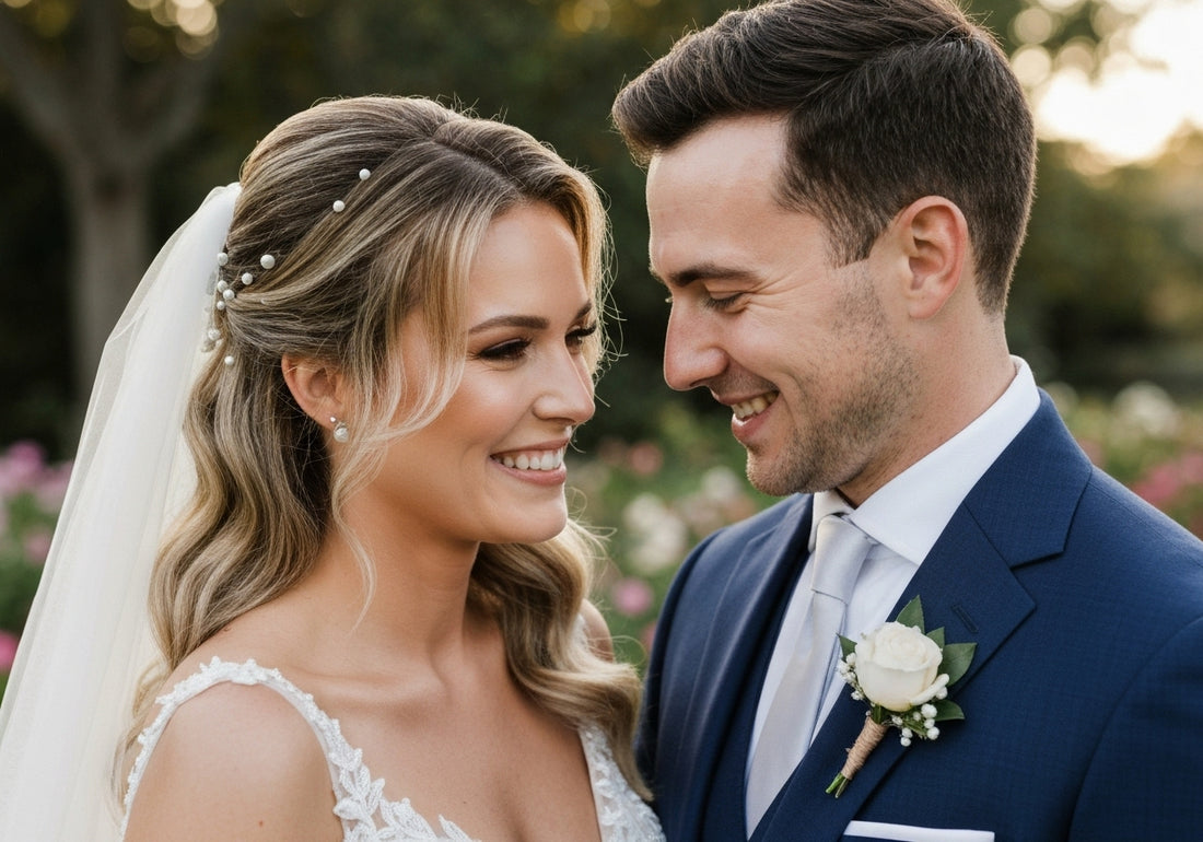 Bride and groom on their wedding day showcasing beautiful bridal hair and makeup in a joyful, romantic setting.