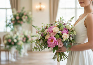 A stylish wedding bouquet featuring a mix of classic and trendy flowers, held by a bride in an elegant wedding setting.