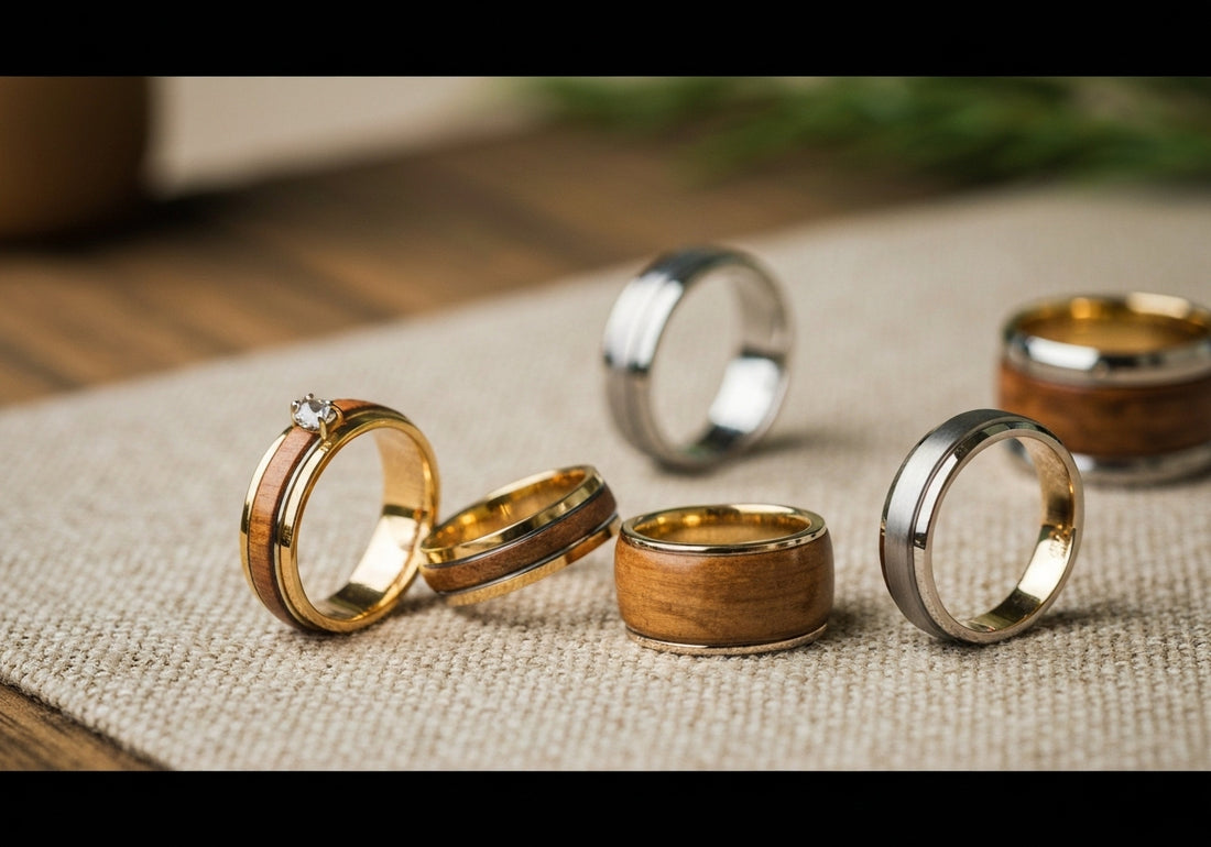 A variety of stylish men's wedding rings made from sustainable materials, displayed on a natural surface, symbolizing ethical and eco-friendly choices.