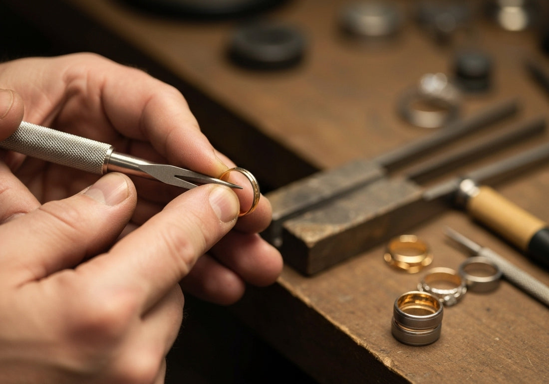 A craftsman holds a men's wedding ring with specialized tools, preparing to resize it on a workbench with various rings and tools in the background.