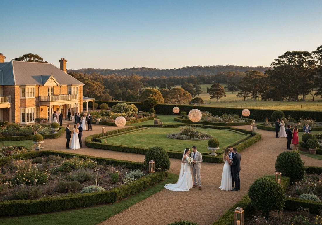 Elegant outdoor wedding at a picturesque venue in the Macarthur region, surrounded by gardens and countryside scenery.