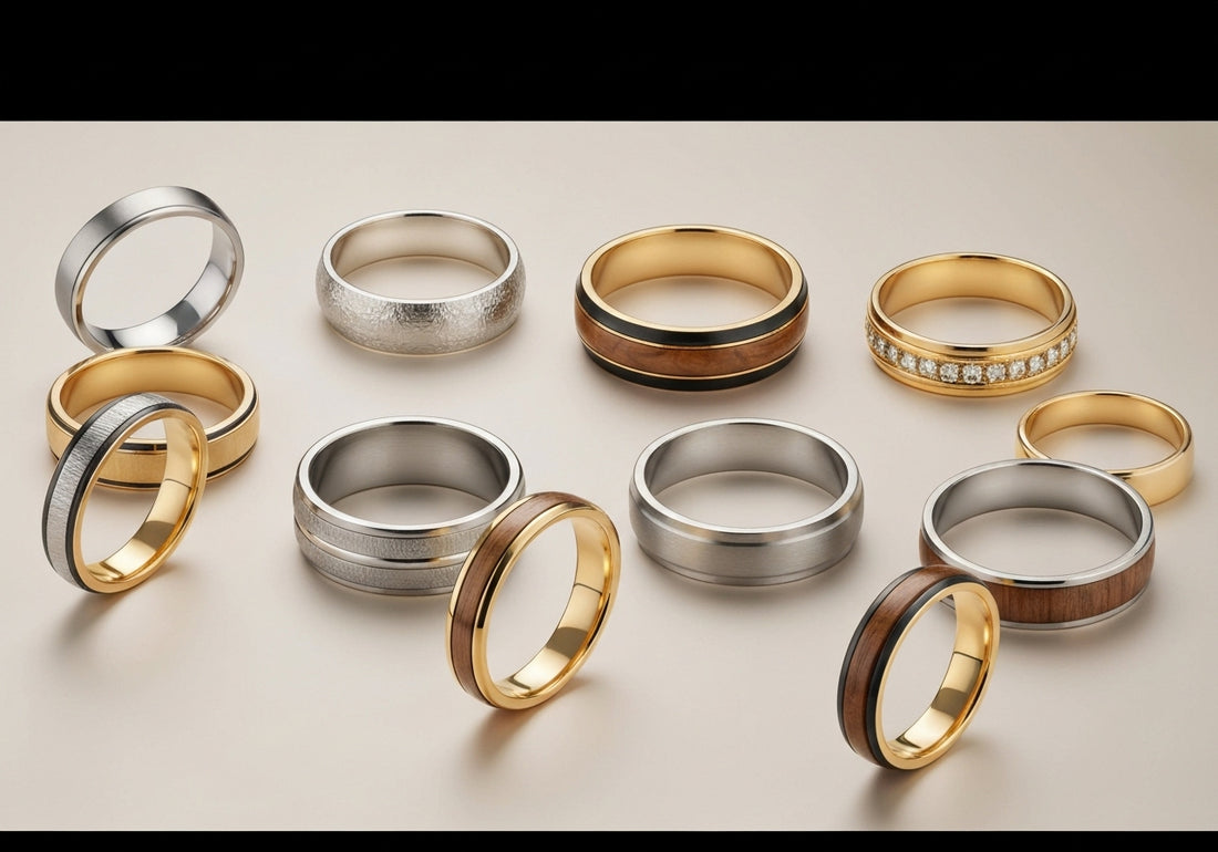 A diverse assortment of men's wedding rings in various styles and materials displayed elegantly on a soft background.
