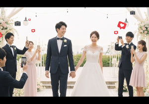 A happy couple at their wedding as guests take photos with phones, symbolizing sharing moments and social media engagement.