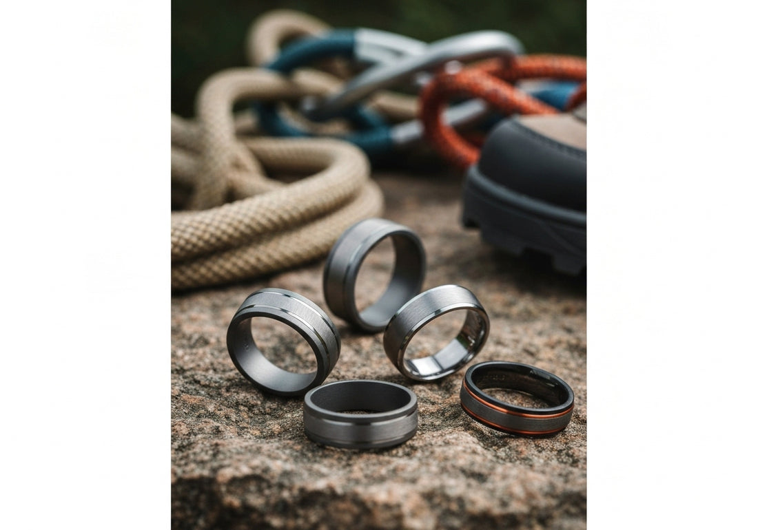 Assorted men's durable wedding rings in tungsten, titanium, and silicone, displayed on rocks with outdoor gear in the background, symbolizing an active lifestyle.