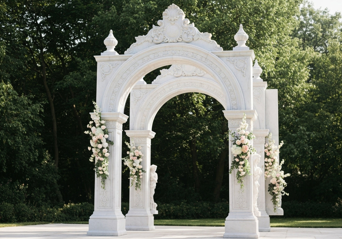 A beautiful wedding ceremony setup with floral decorations and chairs overlooking the scenic Blue Mountains landscape.