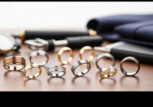 A selection of men's wedding rings in various styles and materials, arranged on a stylish surface to reflect different lifestyles.