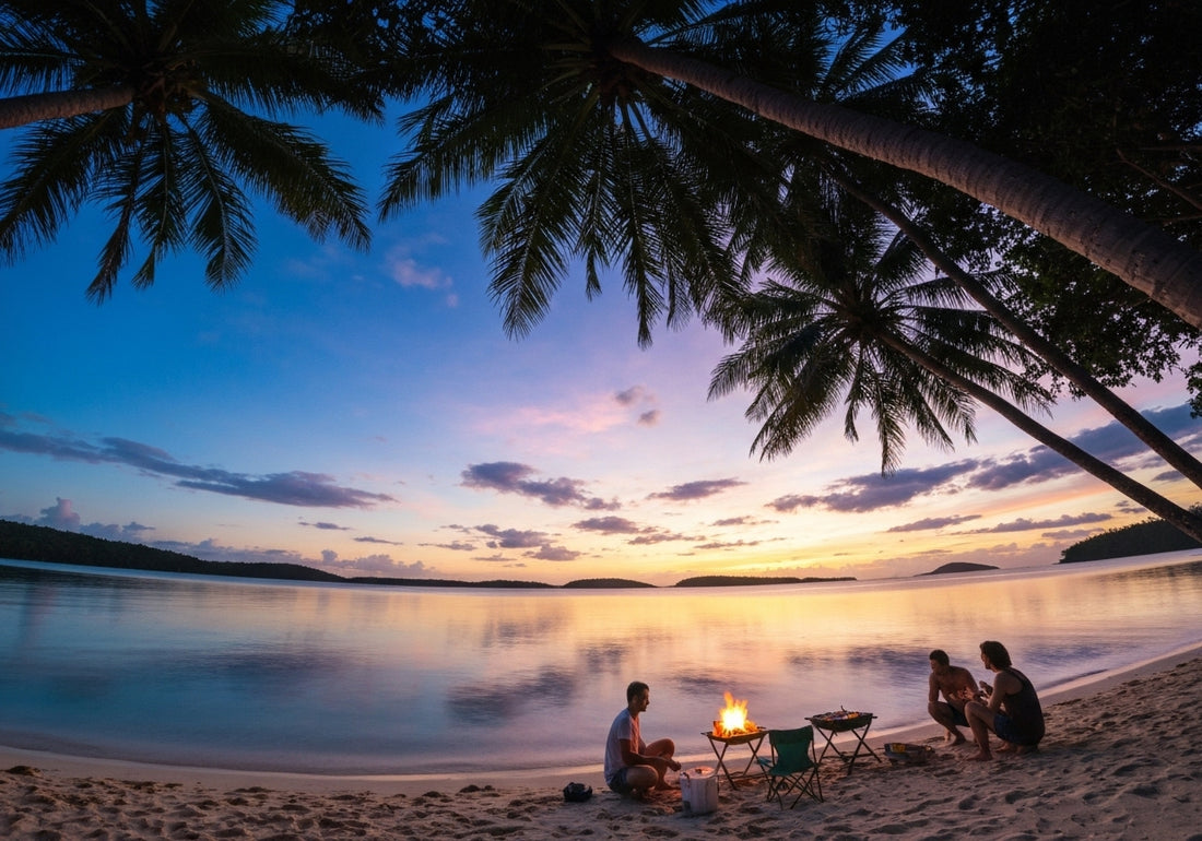 A romantic outdoor wedding setup on a secluded Whitsunday Islands beach at sunset, with white chairs, a floral arch, palm trees, and turquoise ocean in the background.
