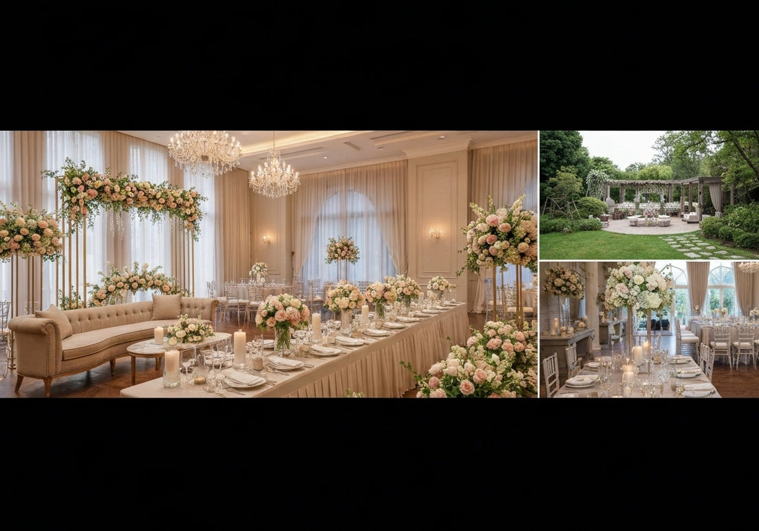 A luxurious wedding venue with elegant decorations, banquet-style tables, floral centerpieces, soft ambient lighting, and a scenic garden visible in the background, showcasing options for both indoor and outdoor wedding styles.