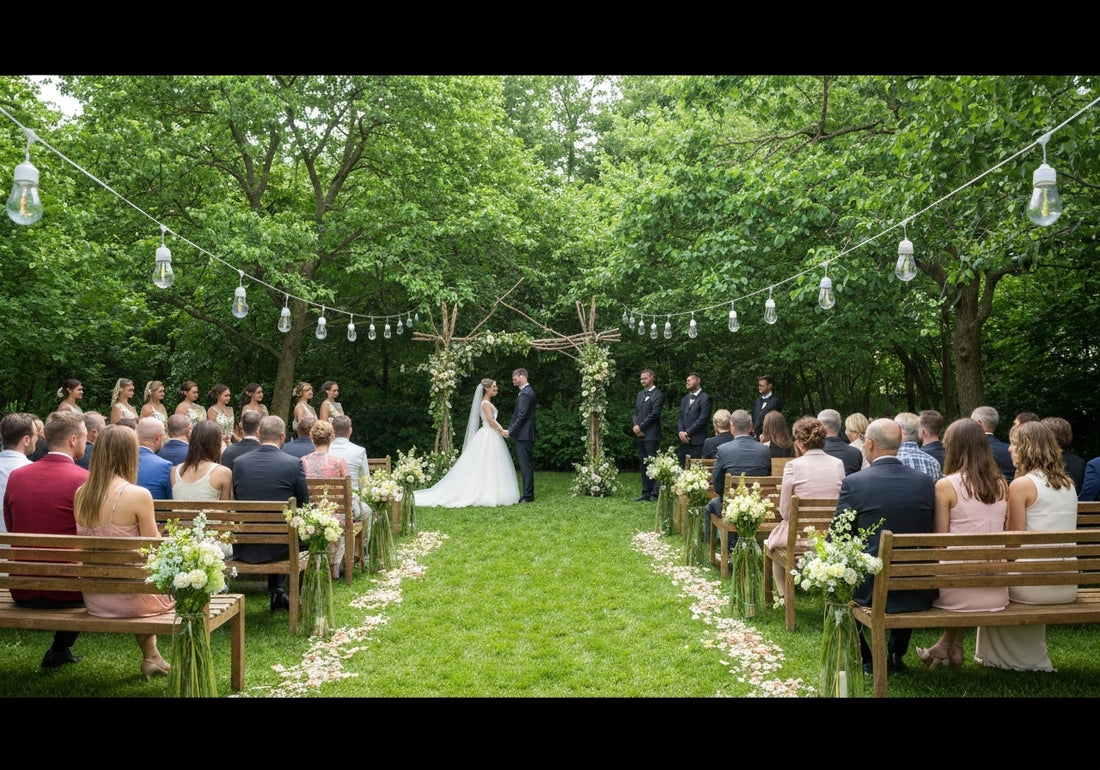 Eco-friendly wedding ceremony outdoors with natural decorations, wooden seating, and sustainable floral arch.