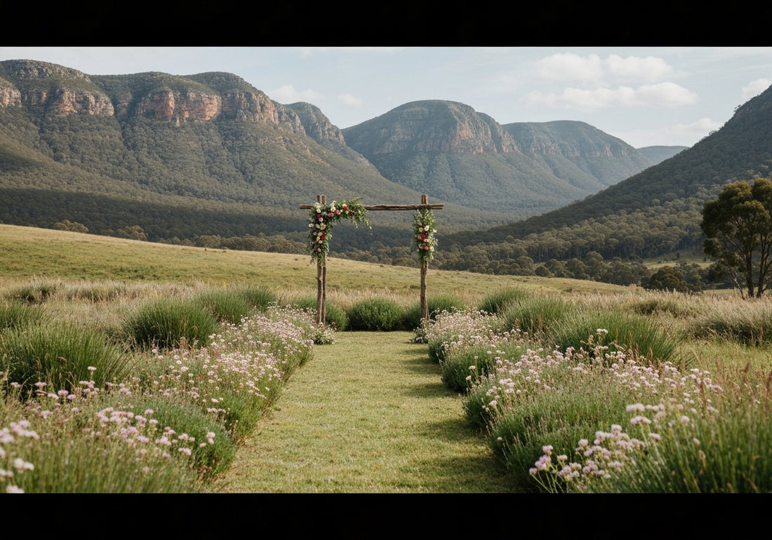 A picturesque outdoor wedding setup in the Grampians, Australia, featuring lush greenery, mountain views, and rustic floral decorations.