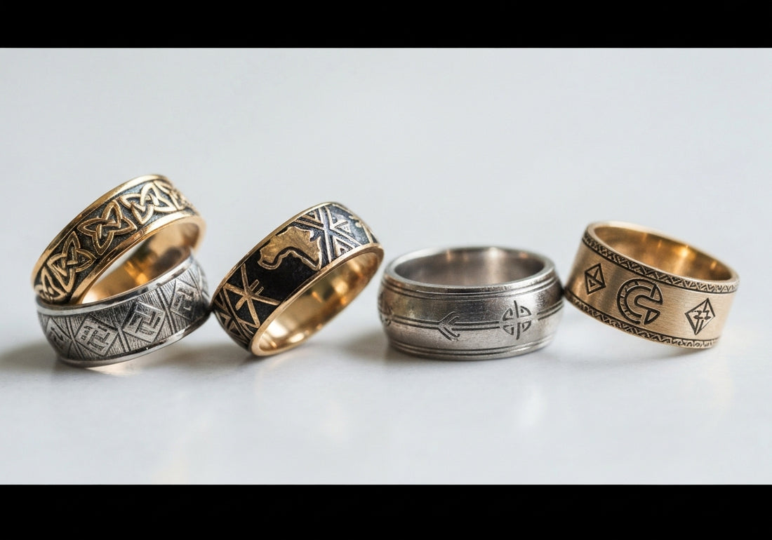 A variety of men's wedding rings with unique cultural patterns, including Celtic, African, Asian, and Native American influences, displayed together on a light background.