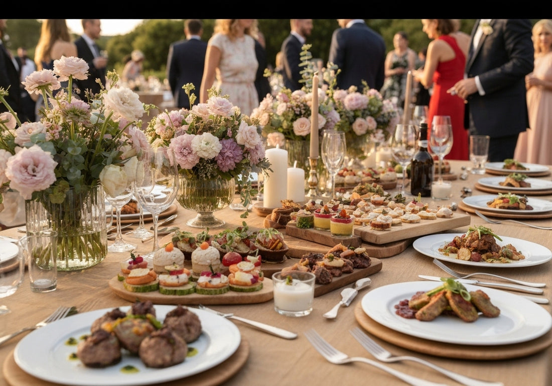 An elegant wedding reception table adorned with flowers and a colorful array of gourmet dishes, surrounded by guests enjoying the celebration.