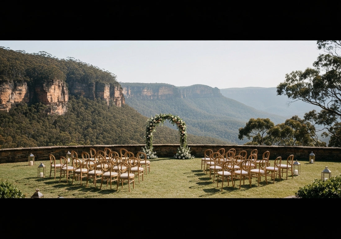 A beautiful wedding ceremony setup overlooking the scenic Blue Mountains in New South Wales, with elegant decorations and breathtaking natural views.