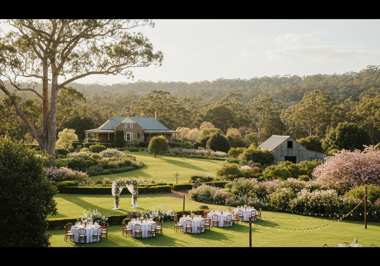 Beautiful wedding venue in the Southern Highlands featuring historic estates, lush gardens, and an outdoor celebration setup.