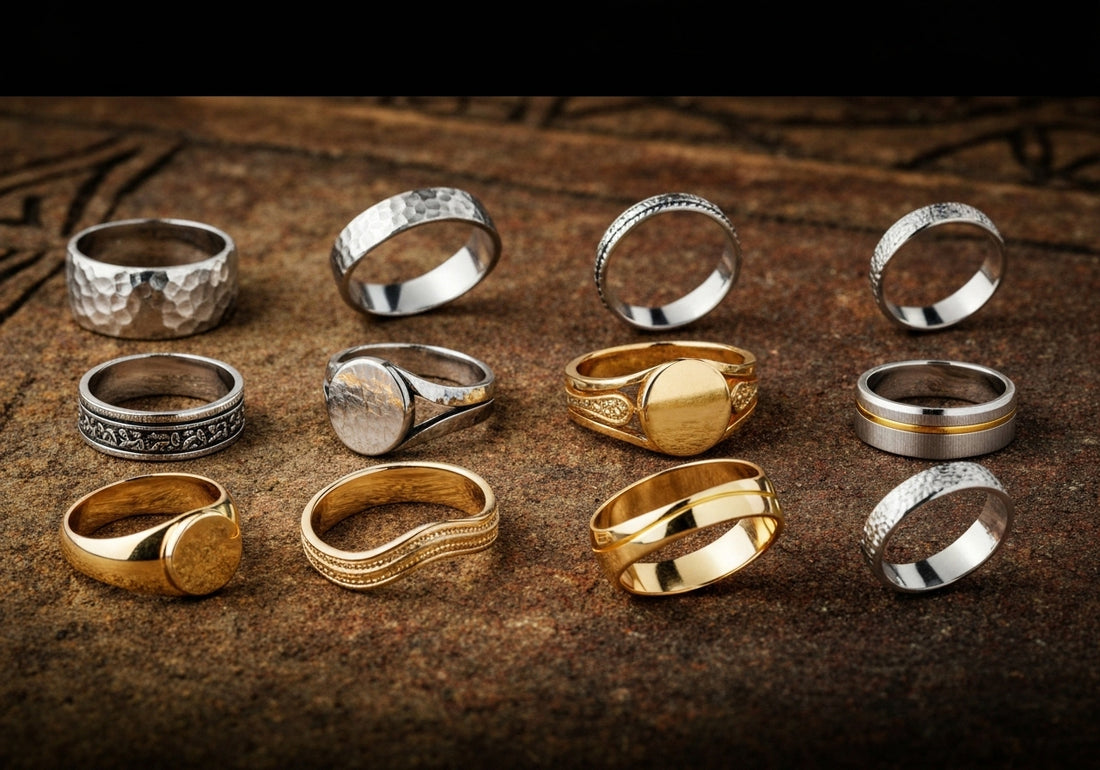 A collection of men's wedding rings in different historical and modern styles arranged on a textured surface, symbolizing the evolution of wedding rings through time.