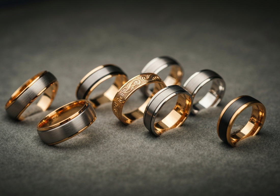 A variety of men's wedding rings made using different manufacturing techniques and materials displayed on a velvet surface.