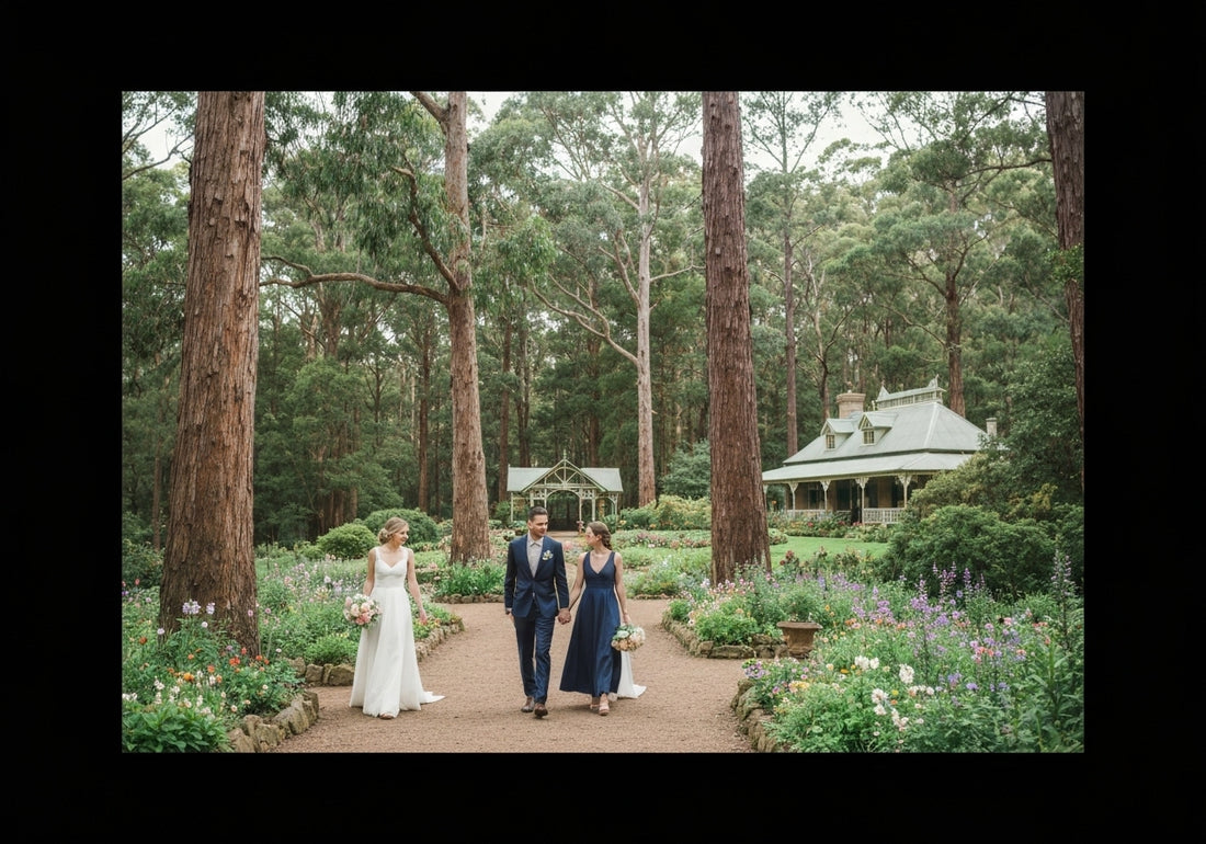 A romantic wedding venue nestled in the picturesque forests and gardens of the Dandenong Ranges, with tall trees, colorful flowers, and a charming rustic building.