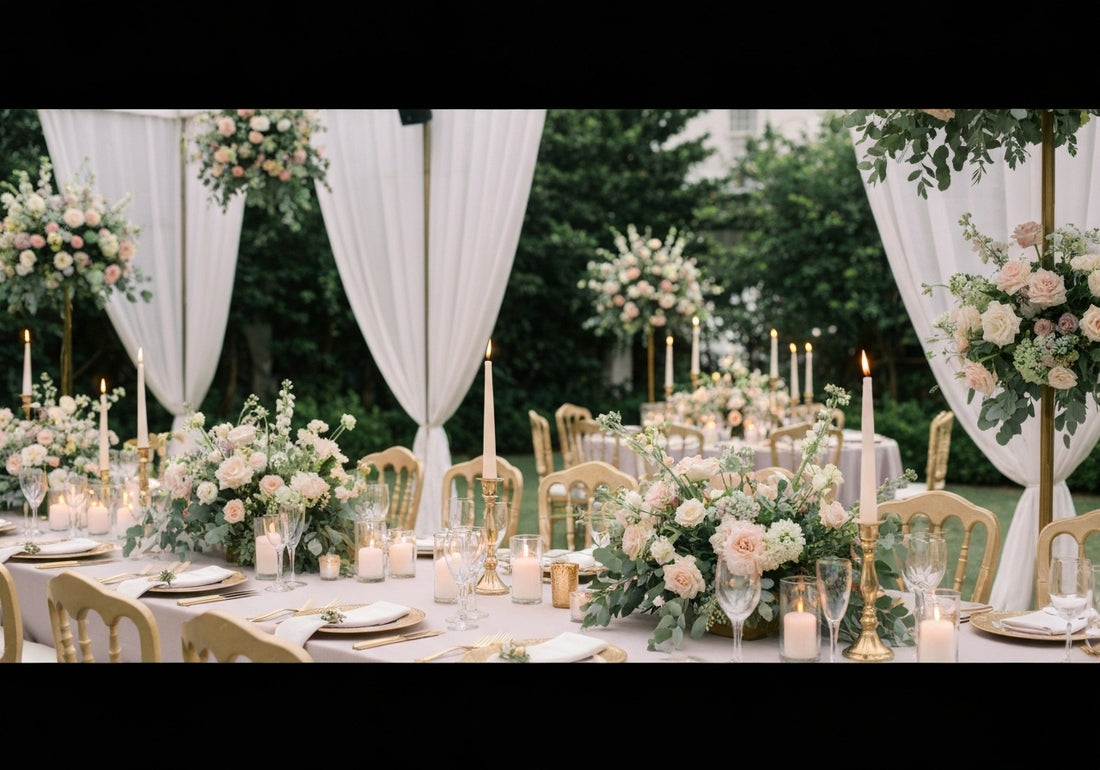 Elegant wedding decor featuring lush flowers, soft candlelight, draped fabrics, and stylish table settings in trendy pastel colors with gold accents.
