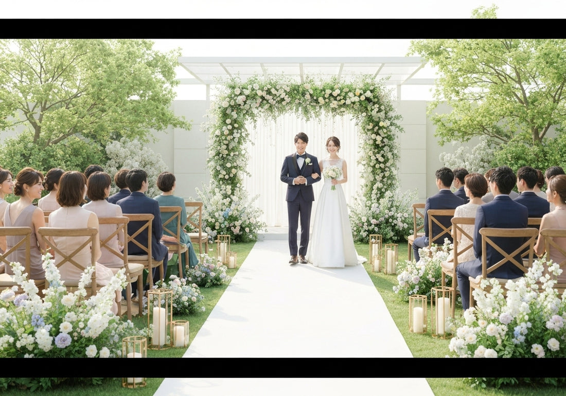 Elegant outdoor wedding ceremony setup with decorated aisle, floral arrangements, happy guests, and a couple preparing to walk down the aisle, illustrating a perfectly planned wedding day.