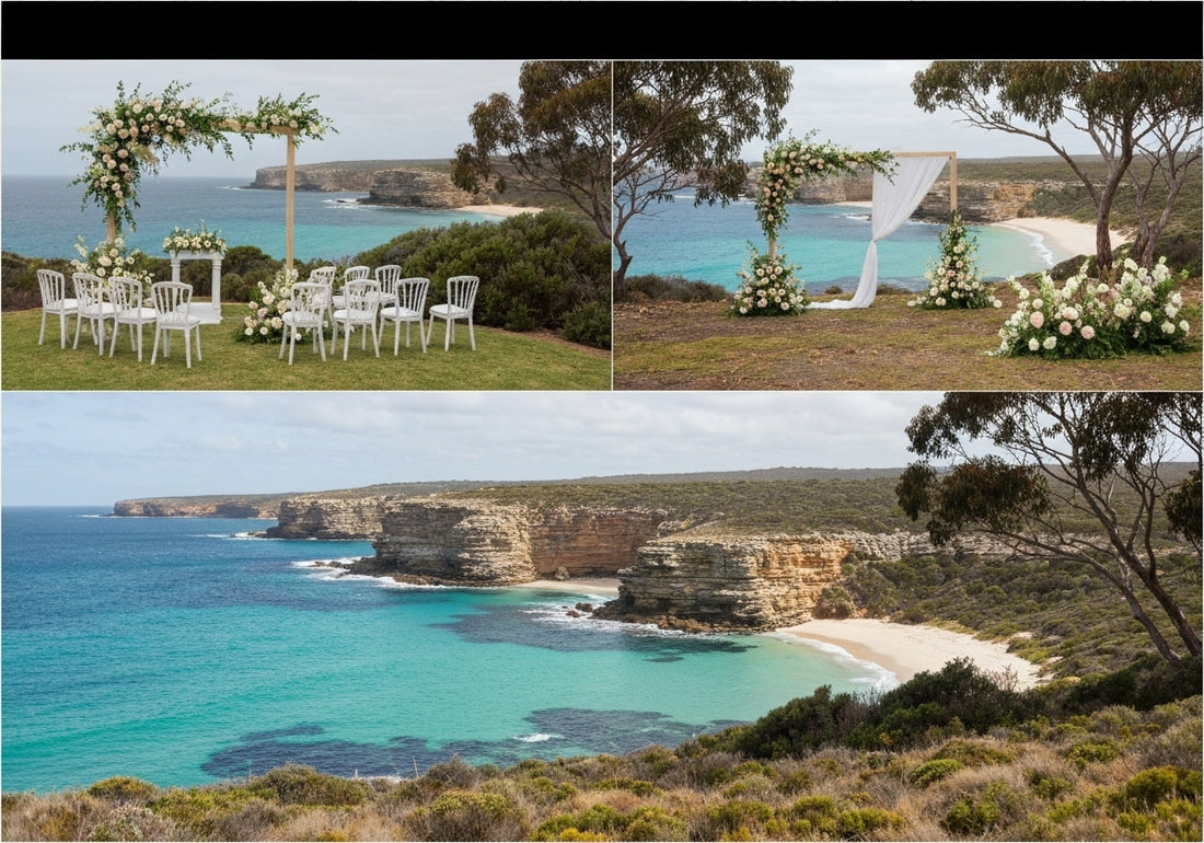 Elegant outdoor wedding setup overlooking the pristine coastline and rugged scenery of Kangaroo Island, surrounded by natural beauty and native Australian landscape.