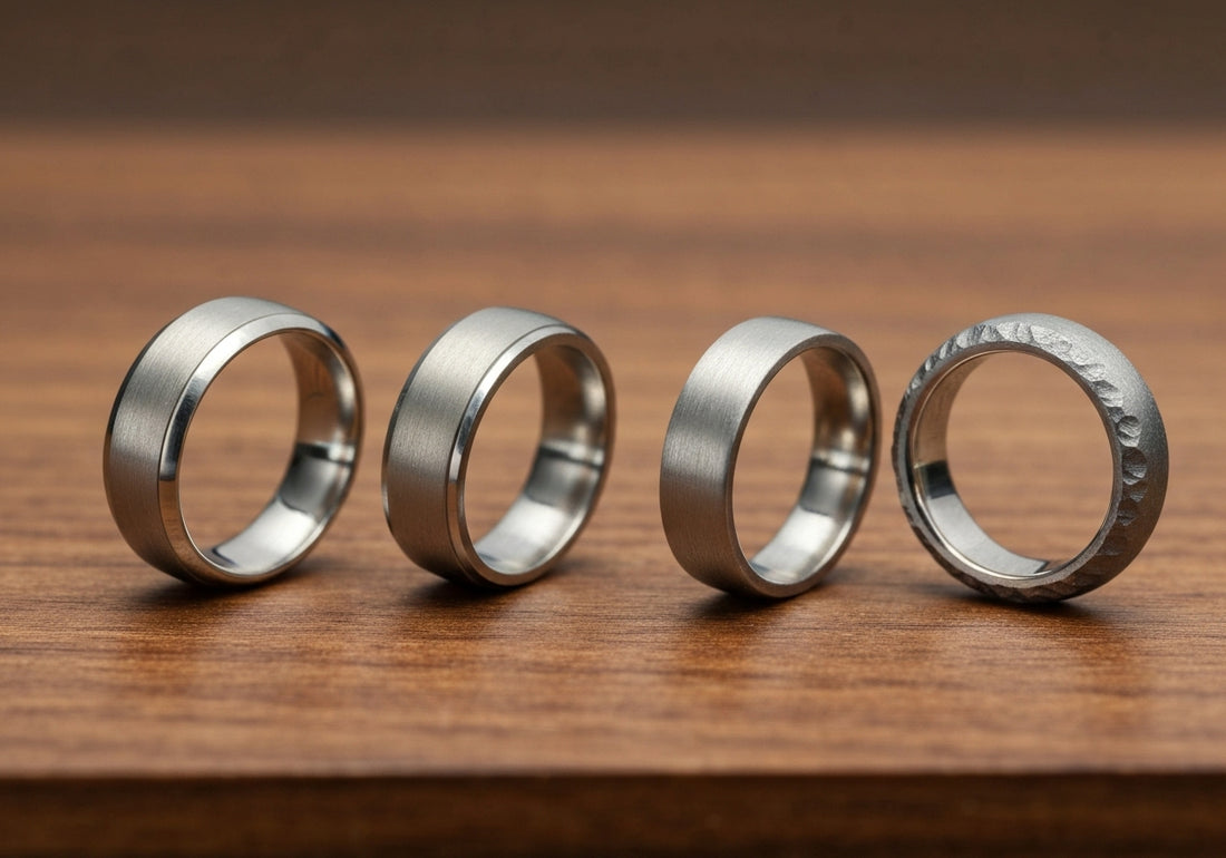 A variety of men's wedding rings displaying different finishes and textures, such as polished, brushed, hammered, and sandblasted, arranged elegantly on a wooden surface.