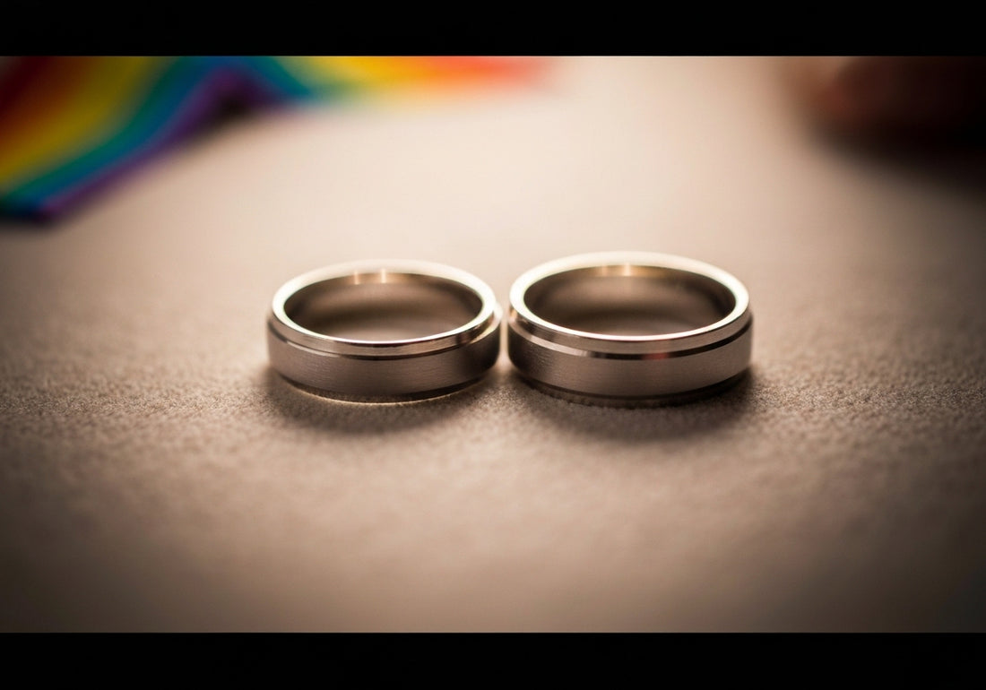 Two men's wedding rings together with a soft background and subtle rainbow colors, representing LGBTQ+ marriage and unity.