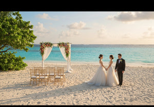 A romantic beach destination wedding at sunset featuring an elegantly decorated floral arch, a happy couple in wedding attire, and a beautiful ocean backdrop.