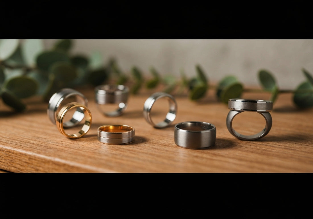 A variety of stylish men's wedding rings in different metals displayed on a wooden surface with soft natural lighting and subtle greenery in the background.