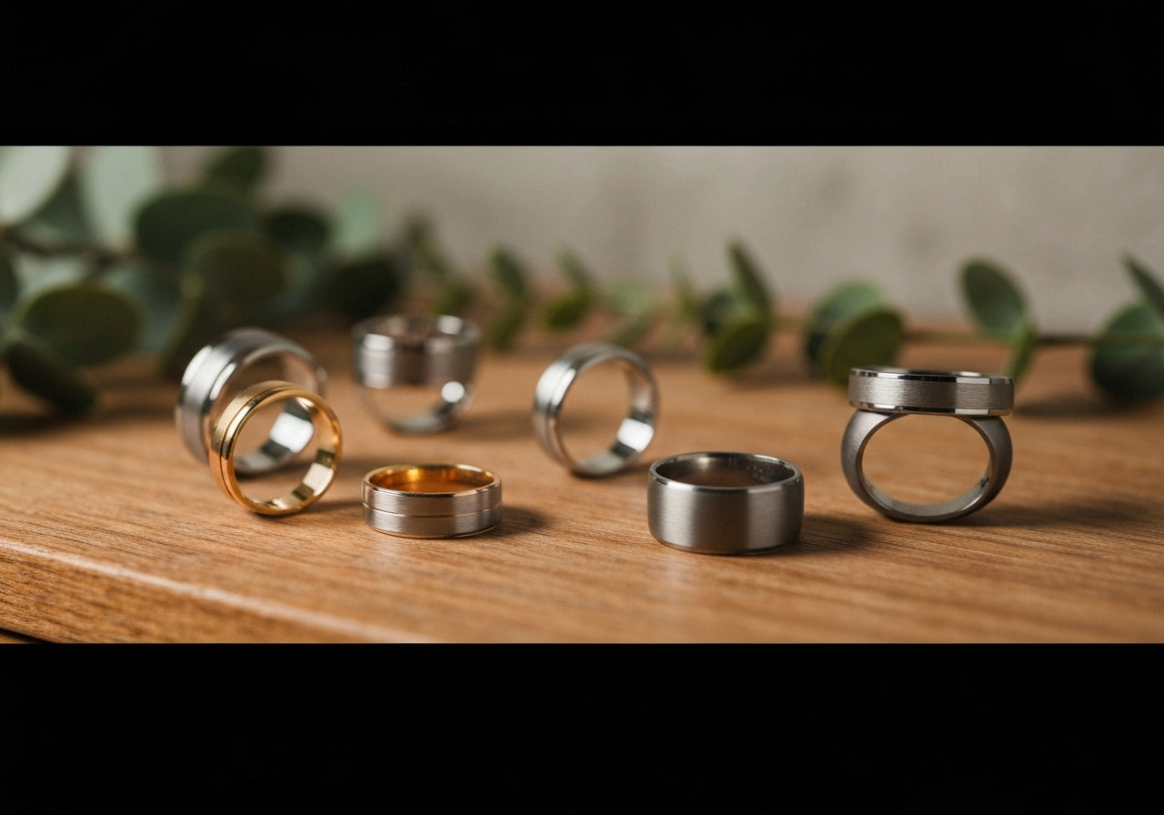 A variety of stylish men's wedding rings in different metals displayed on a wooden surface with soft natural lighting and subtle greenery in the background.