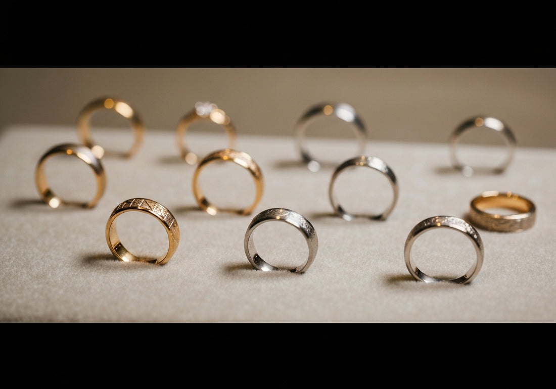 A selection of men's wedding rings in different designs and metals elegantly displayed on a velvet surface, highlighting their craftsmanship.