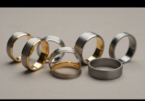 A selection of men's wedding rings in different comfortable and practical styles and materials, displayed on a neutral background.