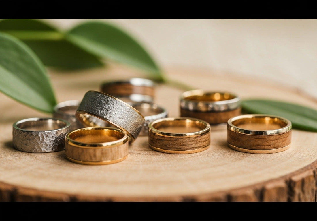 Eco-friendly men's wedding rings made from sustainable materials, displayed on a wooden surface with natural lighting and subtle plant leaves.