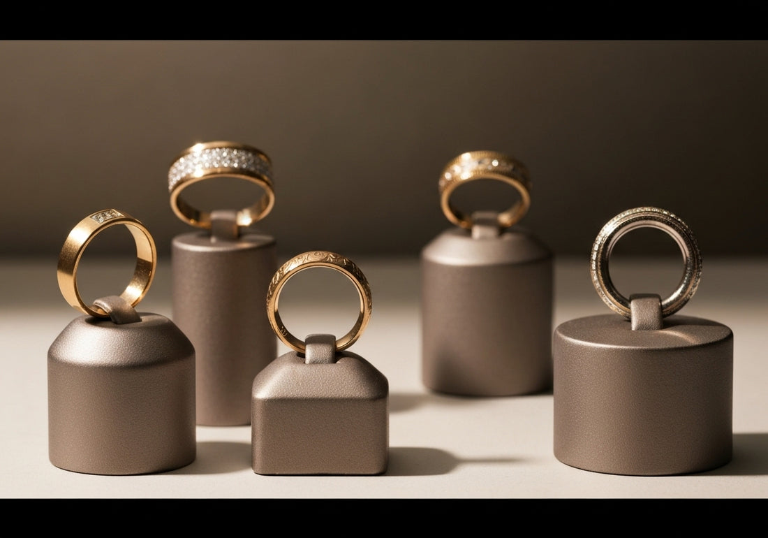 A variety of luxurious and unique men's wedding rings displayed elegantly, representing celebrity style and sophistication.