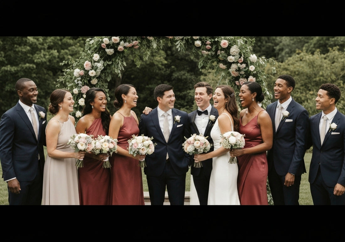 A happy and diverse wedding party posing together outdoors under a floral arch, featuring bridesmaids, groomsmen, and the couple in wedding attire.