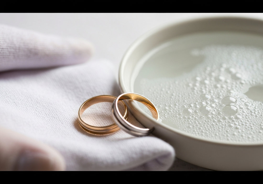 A gold and a platinum wedding ring on a soft cloth next to a bowl of soapy water, symbolizing gentle care and cleaning.