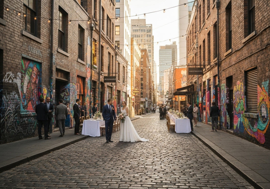 A romantic wedding taking place in a Melbourne laneway, adorned with string lights, colorful street art, and elegant decorations, capturing an intimate and stylish urban celebration.