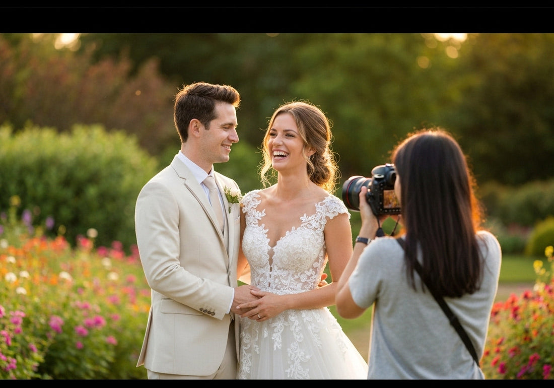 A wedding couple smiling with their photographer capturing photos outdoors in a bright, joyful setting.
