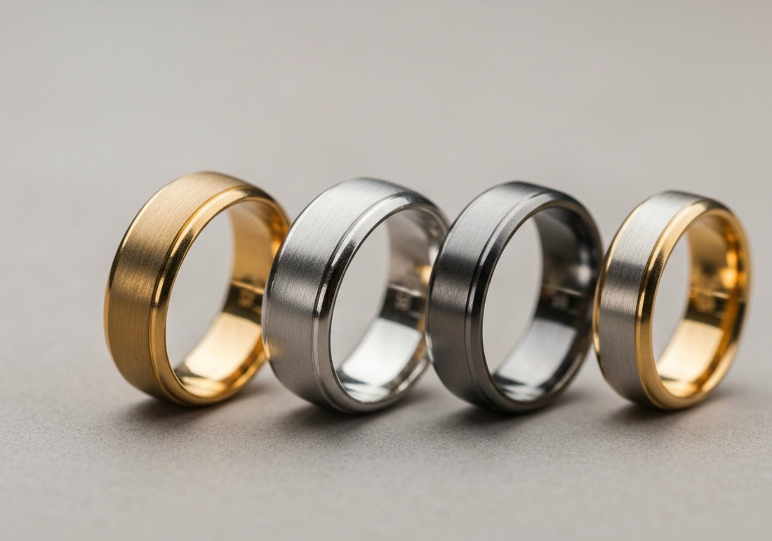 A selection of men's wedding rings made from different metals including gold, silver, platinum, titanium, tungsten, and steel, displayed on a neutral background.