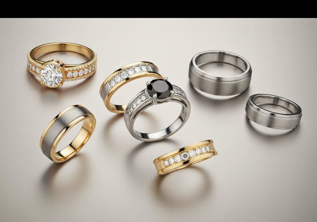 A selection of men's wedding rings in different settings with various stones and metal types, arranged stylishly on a neutral background.