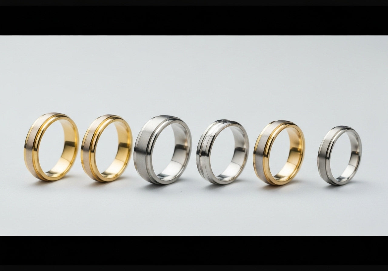 A variety of men's wedding rings in different widths and materials displayed side by side on a simple background.